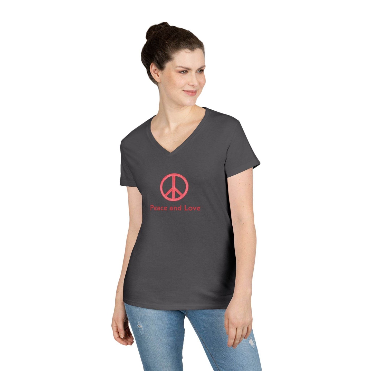 Peace and Love Ladies' V-Neck T-Shirt, Global Peace Tee, No Fighting Shirt, Peace Symbol Top, V-Neck Peace Typography Tee - Little Flower Farm
