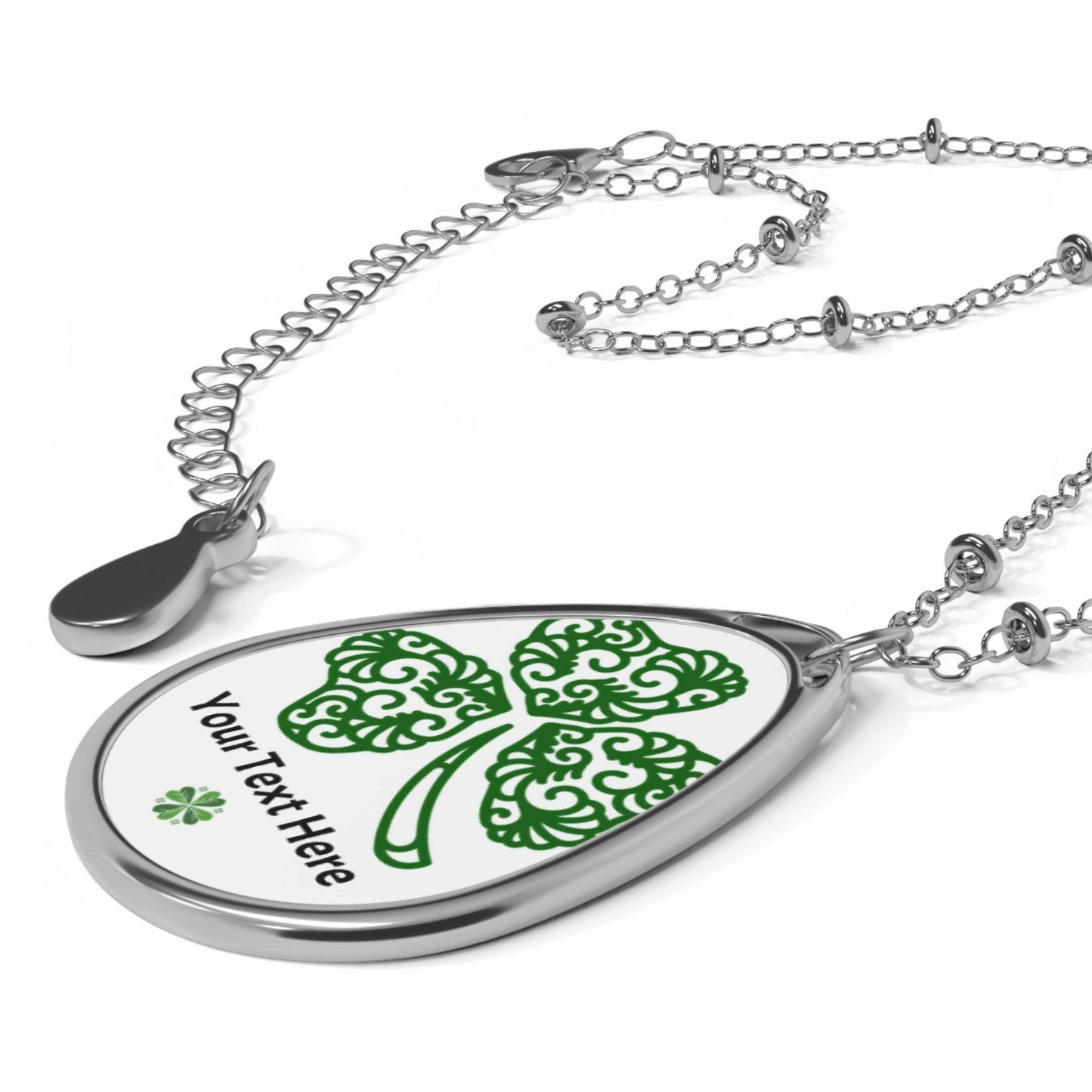 Personalized Clover Oval Necklace, St Patrick's Day Irish Themed Jewelry, Shamrock Pendant, Lucky Charm Gift, Green Four Leaf Clover Charm - Little Flower Farm