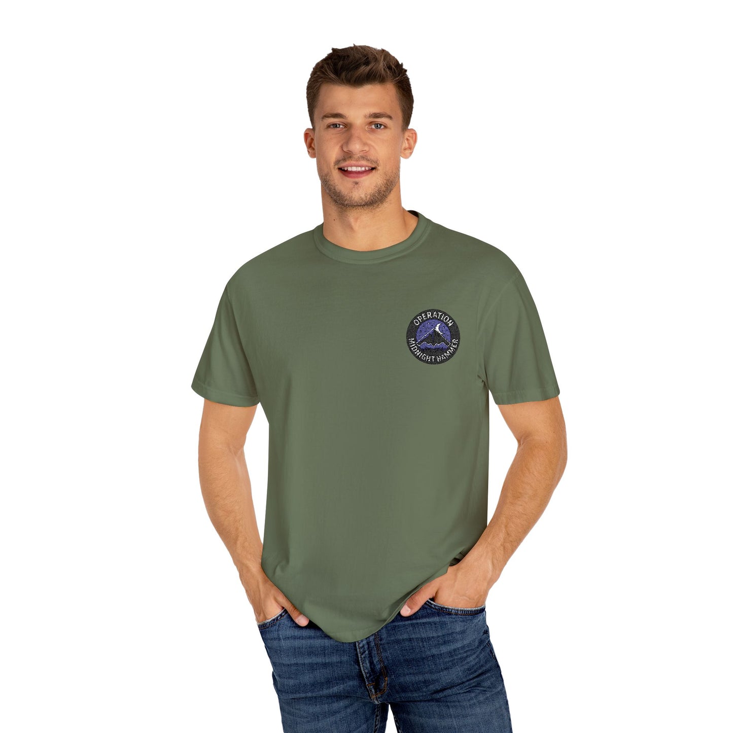 Embroidered Operation Midnight Hammer T-Shirt Garment-Dyed Unisex T-Shirt | Casual Comfort Tee for Everyday Wear, Great for Gifts, Summer Outings, and Relaxed Styling