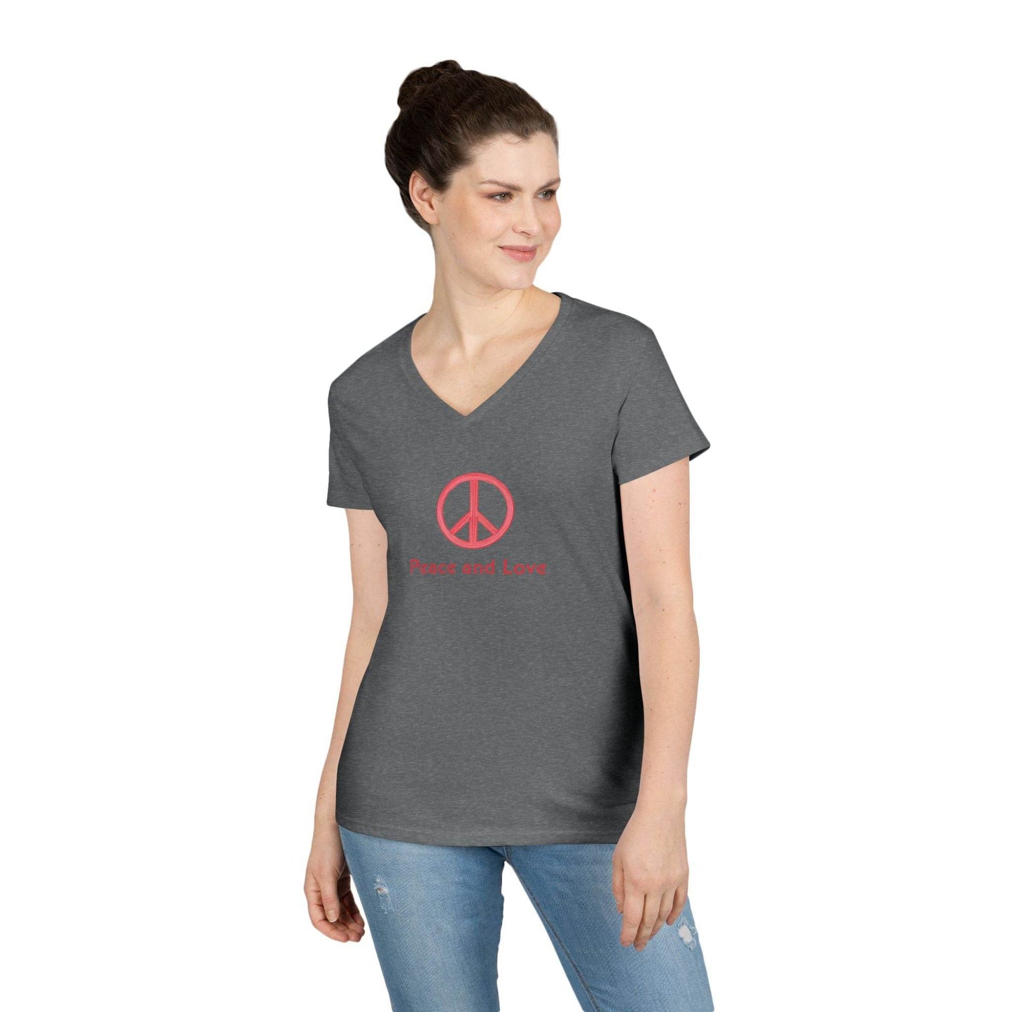 Peace and Love Ladies' V-Neck T-Shirt, Global Peace Tee, No Fighting Shirt, Peace Symbol Top, V-Neck Peace Typography Tee - Little Flower Farm