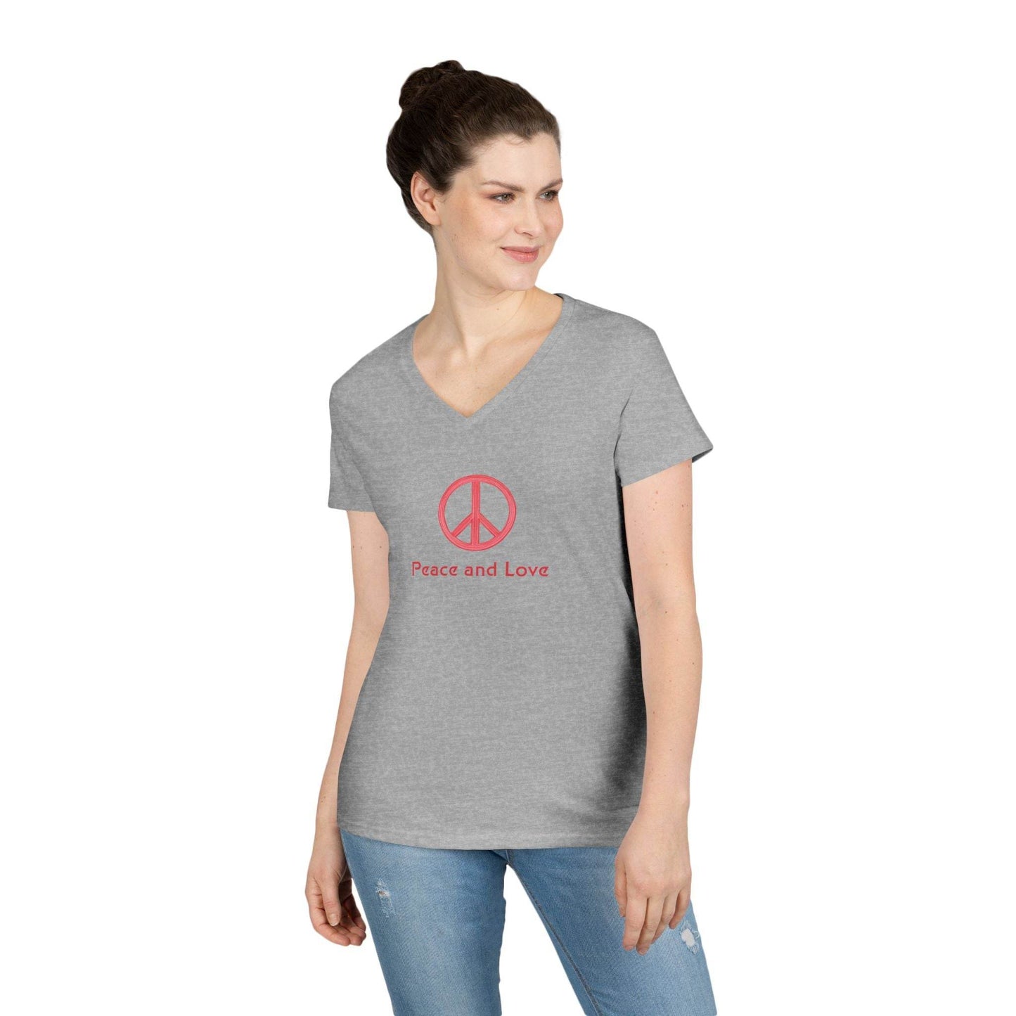Peace and Love Ladies' V-Neck T-Shirt, Global Peace Tee, No Fighting Shirt, Peace Symbol Top, V-Neck Peace Typography Tee - Little Flower Farm
