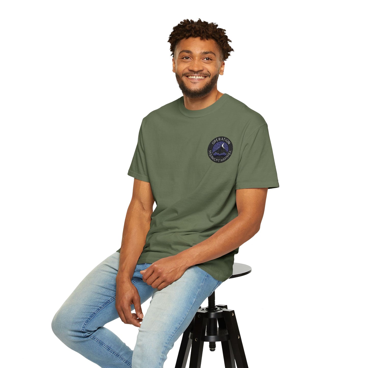Embroidered Operation Midnight Hammer T-Shirt Garment-Dyed Unisex T-Shirt | Casual Comfort Tee for Everyday Wear, Great for Gifts, Summer Outings, and Relaxed Styling