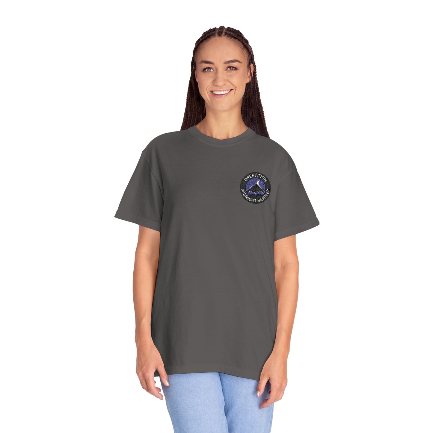 Embroidered Operation Midnight Hammer T-Shirt Garment-Dyed Unisex T-Shirt | Casual Comfort Tee for Everyday Wear, Great for Gifts, Summer Outings, and Relaxed Styling
