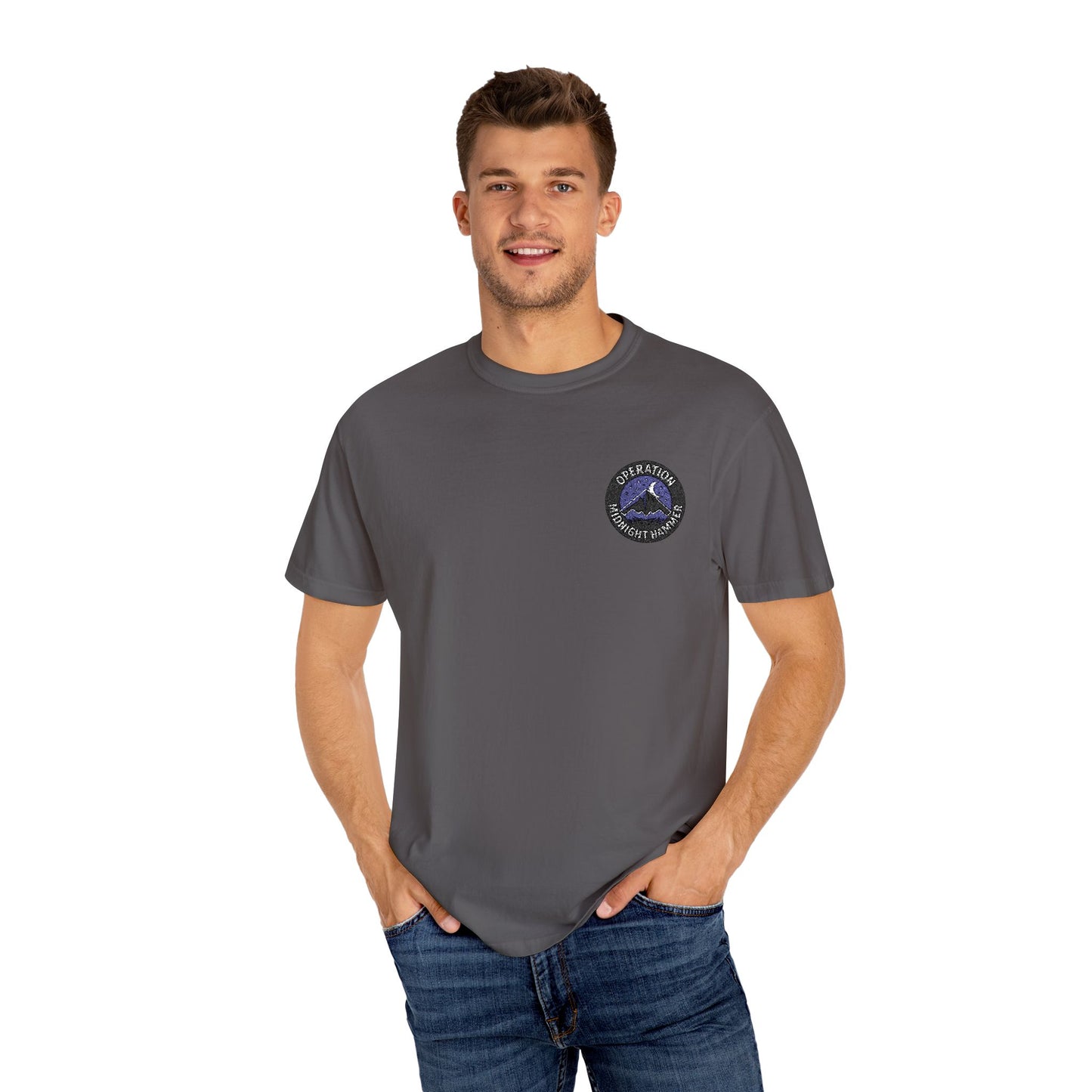 Embroidered Operation Midnight Hammer T-Shirt Garment-Dyed Unisex T-Shirt | Casual Comfort Tee for Everyday Wear, Great for Gifts, Summer Outings, and Relaxed Styling
