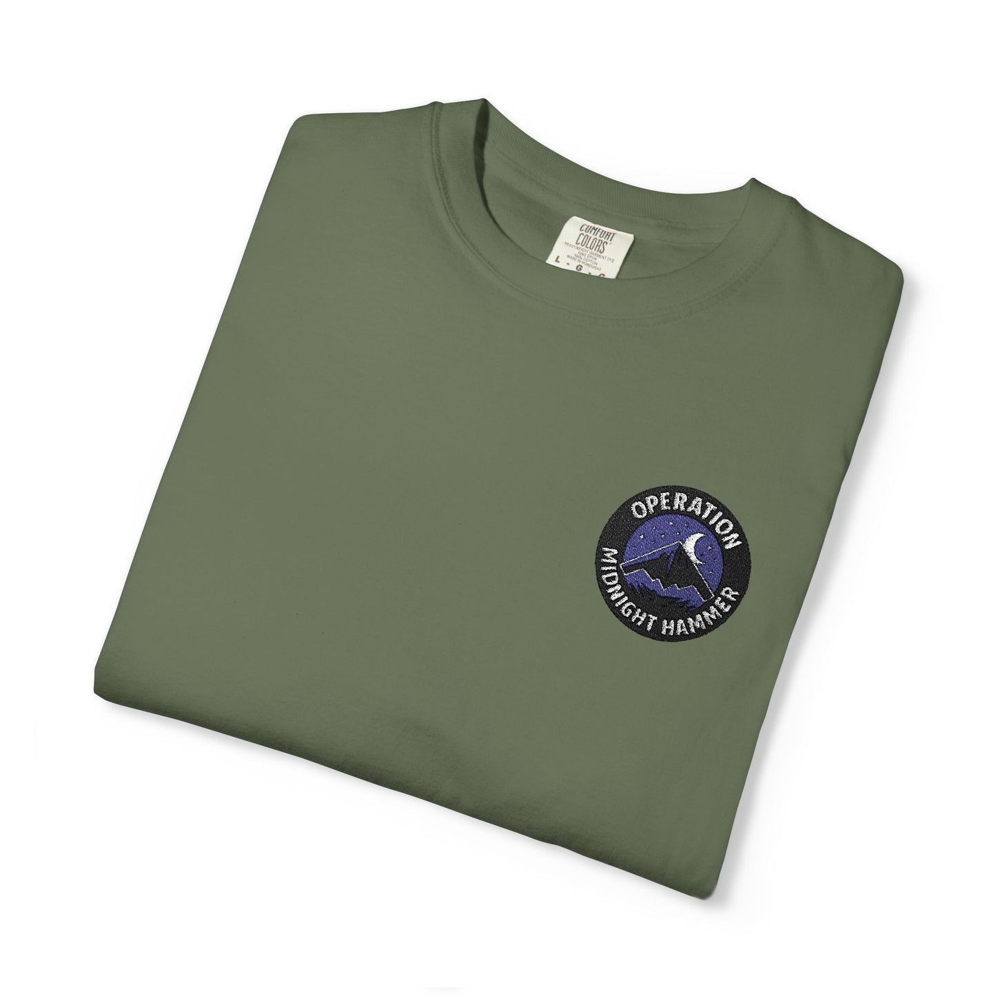 Embroidered Operation Midnight Hammer T-Shirt Garment-Dyed Unisex T-Shirt | Casual Comfort Tee for Everyday Wear, Great for Gifts, Summer Outings, and Relaxed Styling