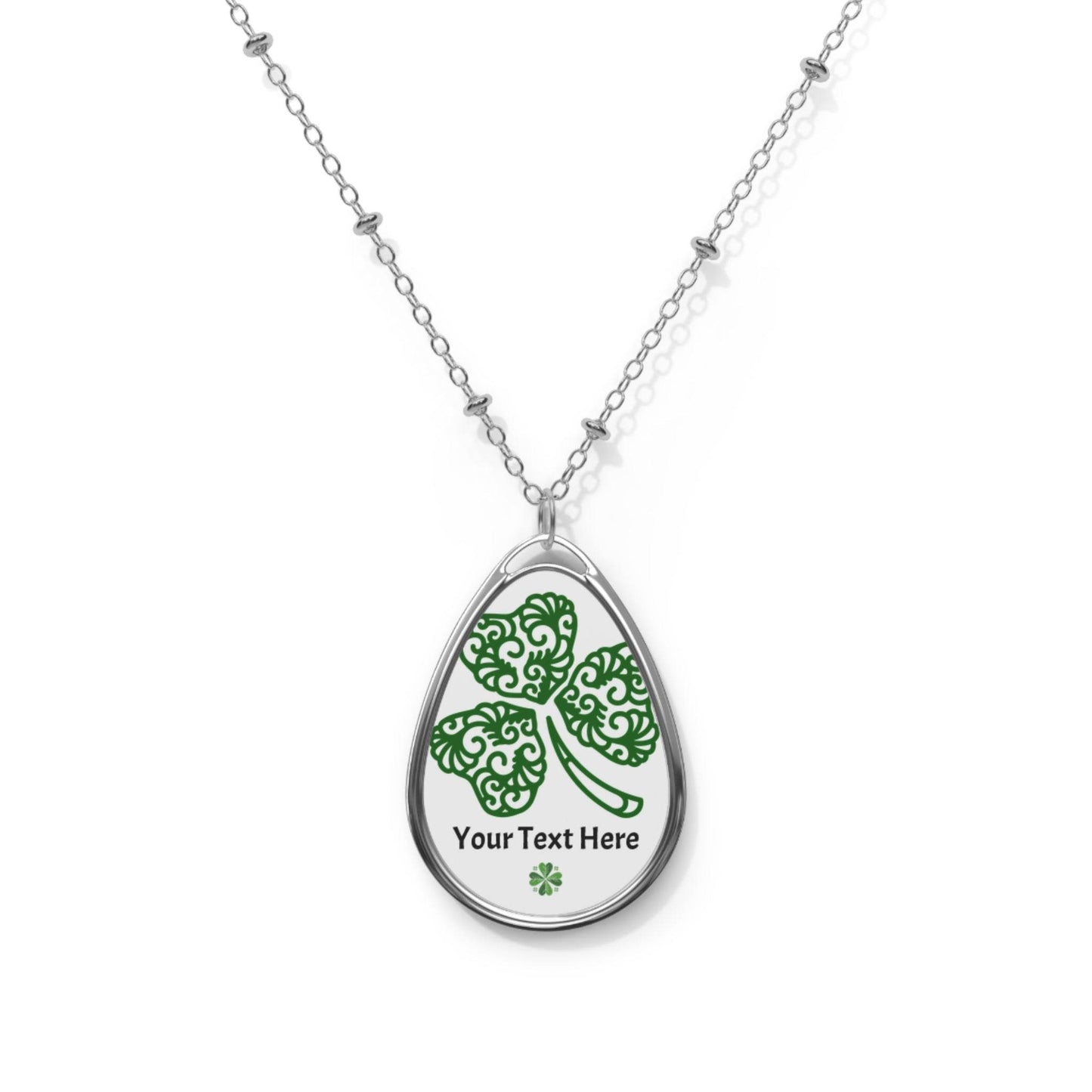 Personalized Clover Oval Necklace, St Patrick's Day Irish Themed Jewelry, Shamrock Pendant, Lucky Charm Gift, Green Four Leaf Clover Charm - Little Flower Farm