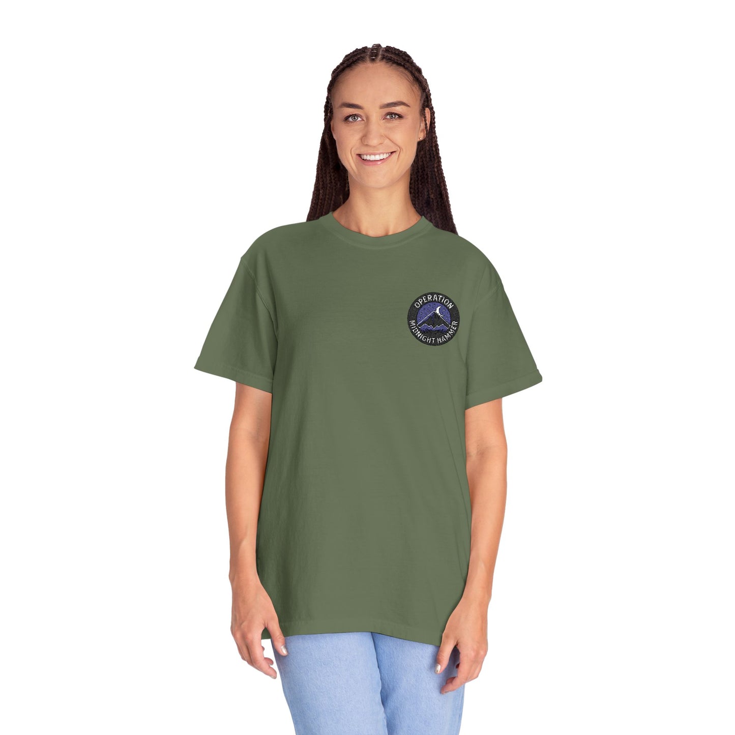 Embroidered Operation Midnight Hammer T-Shirt Garment-Dyed Unisex T-Shirt | Casual Comfort Tee for Everyday Wear, Great for Gifts, Summer Outings, and Relaxed Styling
