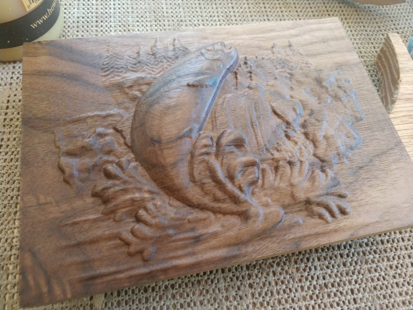 Solid Walnut Salmon Alaska Fishing 3D Carved Wall Hanging - Little Flower Farm