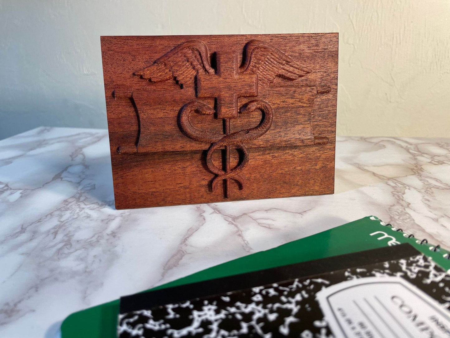 Expert Field Medical Badge (EFMB) Carving - Solid Mahogany Paperweight - Little Flower Farm