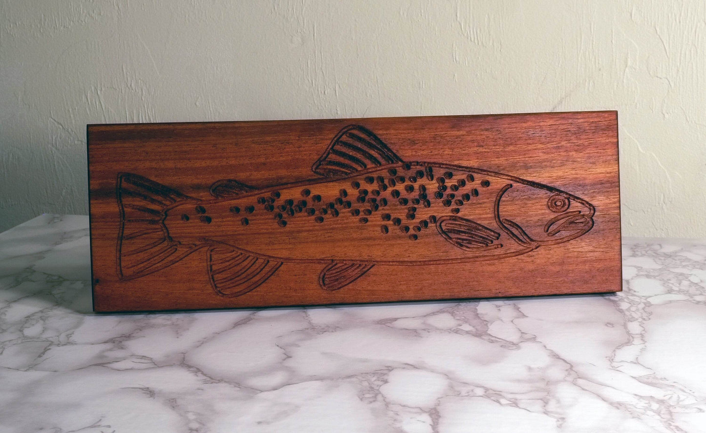 Brown Trout Wall Art Carving - Solid Mahogany - Little Flower Farm