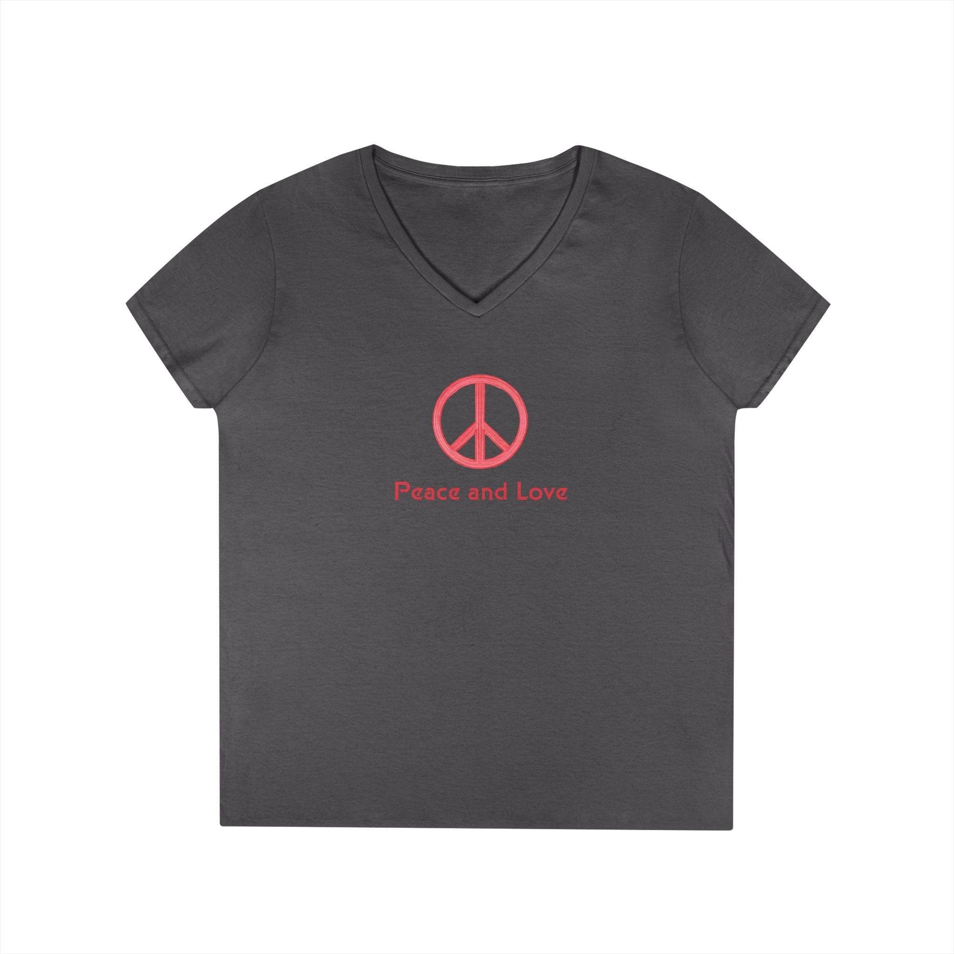 Peace and Love Ladies' V-Neck T-Shirt, Global Peace Tee, No Fighting Shirt, Peace Symbol Top, V-Neck Peace Typography Tee - Little Flower Farm
