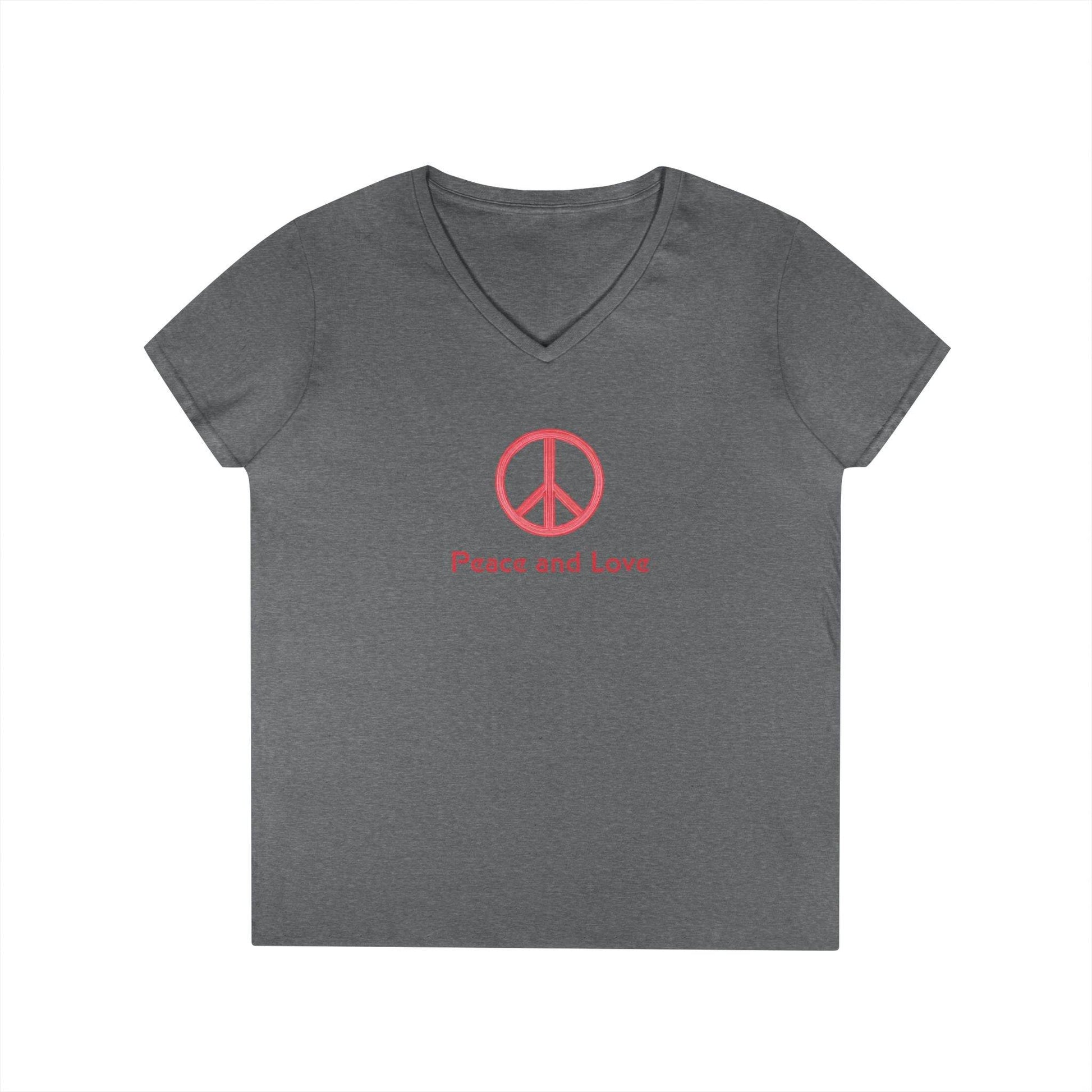 Peace and Love Ladies' V-Neck T-Shirt, Global Peace Tee, No Fighting Shirt, Peace Symbol Top, V-Neck Peace Typography Tee - Little Flower Farm