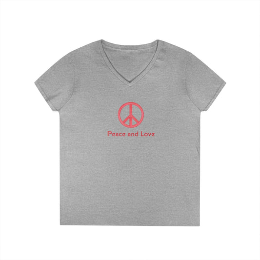Peace and Love Ladies' V-Neck T-Shirt, Global Peace Tee, No Fighting Shirt, Peace Symbol Top, V-Neck Peace Typography Tee - Little Flower Farm