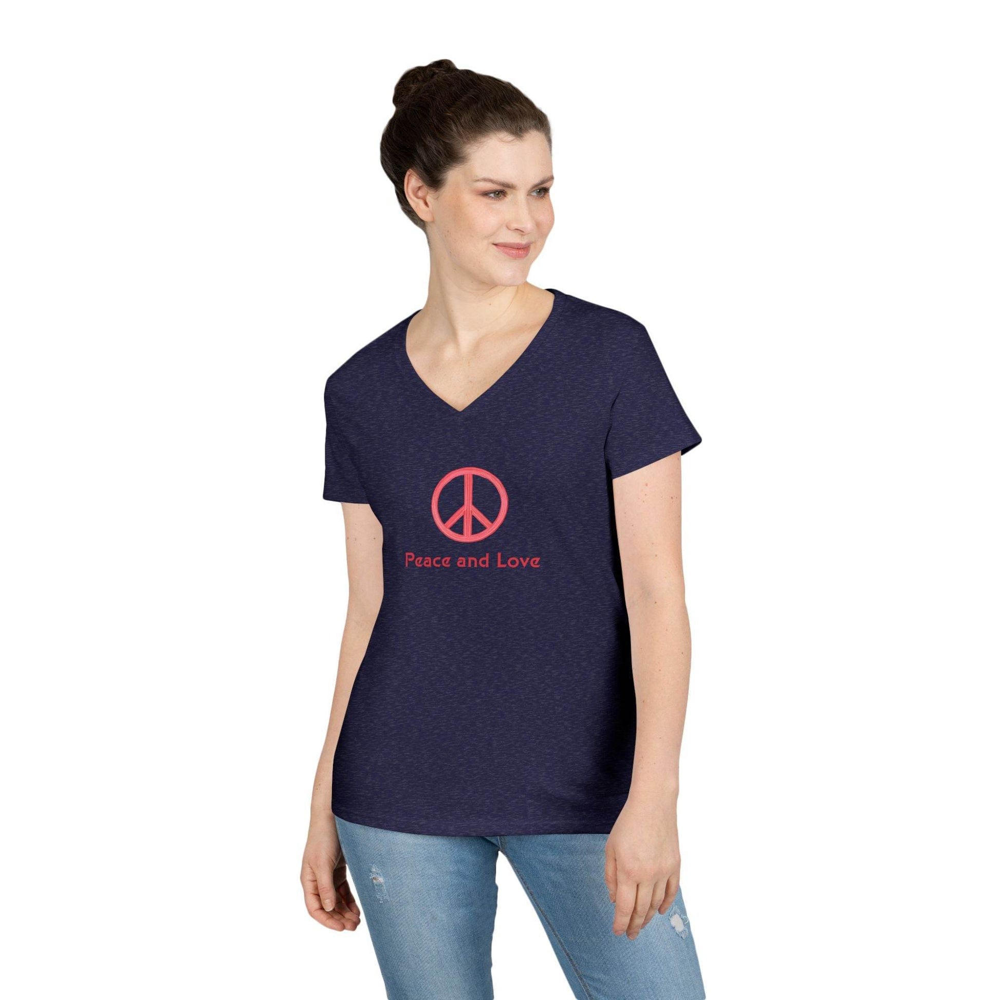Peace and Love Ladies' V-Neck T-Shirt, Global Peace Tee, No Fighting Shirt, Peace Symbol Top, V-Neck Peace Typography Tee - Little Flower Farm