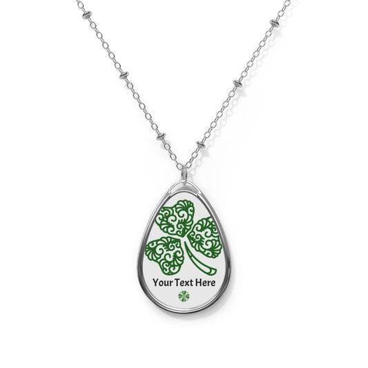 Personalized Clover Oval Necklace, St Patrick's Day Irish Themed Jewelry, Shamrock Pendant, Lucky Charm Gift, Green Four Leaf Clover Charm - Little Flower Farm